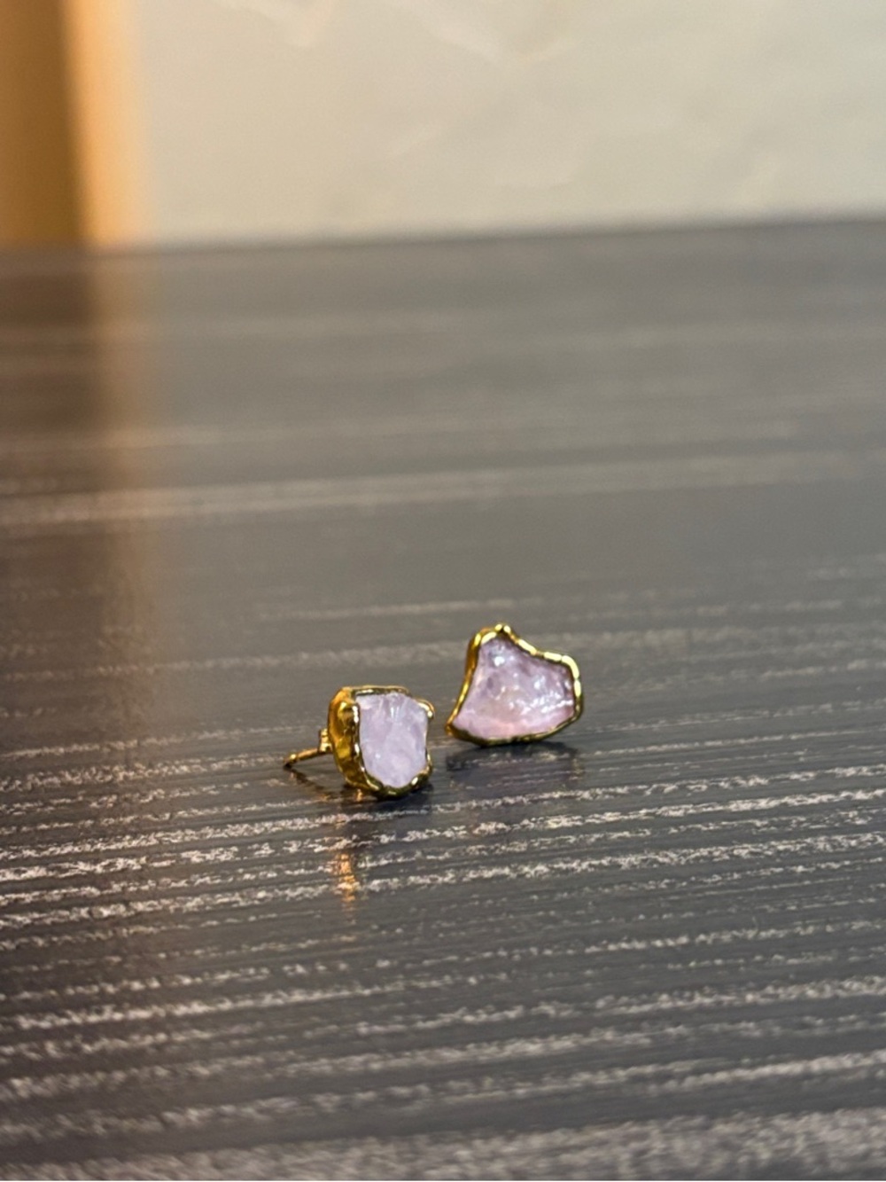 Large Raw Rose Quartz Gold Trim Stud Earrings - Women Jewelry